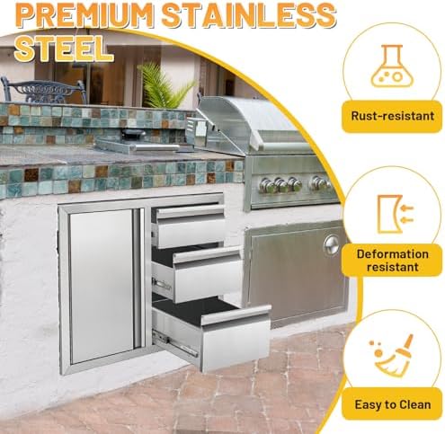 Outdoor Kitchen Drawer Combo Cabinet Stainless Steel Triple Drawers & Access Door, 28" W x 22" H x 19.5" D, Multi-Layer Design with Partition, Perfect for BBQ Grill Station - Image 4