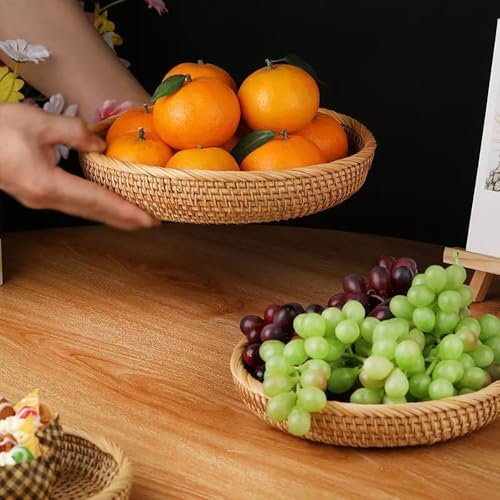 RT&BS Round Rattan Bread Basket, Rattan Fruit Basket, Rattan Decorative Tray, Rattan Keys Tray, Handwoven Storage Baskets for Kitchen, Dining Room, Store, Restaurant, Bathroom (M) - Image 3