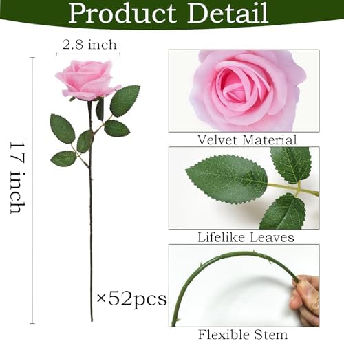 50Pcs Pink Roses Artificial Flowers with Stems，Fake Roses Bouquet Fake Flowers Bulk，Silk Velvet Roses for Wedding Centerpieces Arrangement Baby Shower Birthday Home Decor Gifts - Image 3
