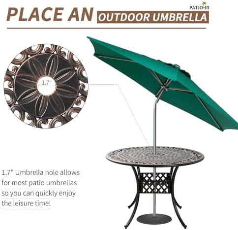41" Round Patio Dining Table with Umbrella Hole, Outdoor Cast Aluminum Bistro Conversation Outdoor Table for Backyard Porch Pool Balcony Deck - Image 3