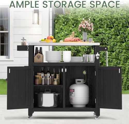 Weatherproof HIPS Outdoor Kitchen Island with Stainless Steel Top & Storage Cabinet, Movable Prep Table with Wheels for BBQ Food Prep, Outdoor Grill Cart for Parties, Black - Image 5