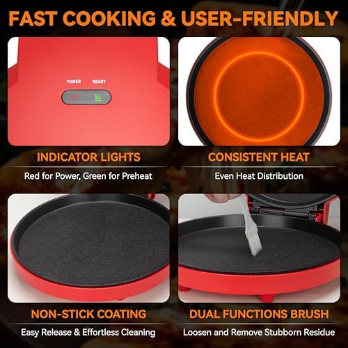 Baker’s Friend Countertop Pizza Maker Electric, 12 Inch Pizza Maker Machine for Home, Quesadilla Maker, Non-stick Cooking Plates, Horno Para Pizza, 1400W, Red - Image 4