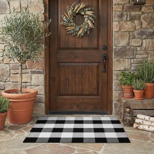 MUBIN Fall Decor Cotton Buffalo Plaid Rug, 2'x3' Black and White Outdoor Porch Front Door Mat, Washable Doormat Hand-Woven Foldable Area Rug Layered Door Mats Rug for Front Porch, Entryway - Image 4