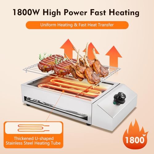 Countertop Electric BBQ Grill, 1800W Commercial Electric BBQ Grill Outdoor with Adjustable Temperature Range Practical Tray and Portable Commercial Non-Stick Barbecue Griddle Rack for Domestic Party - Image 4