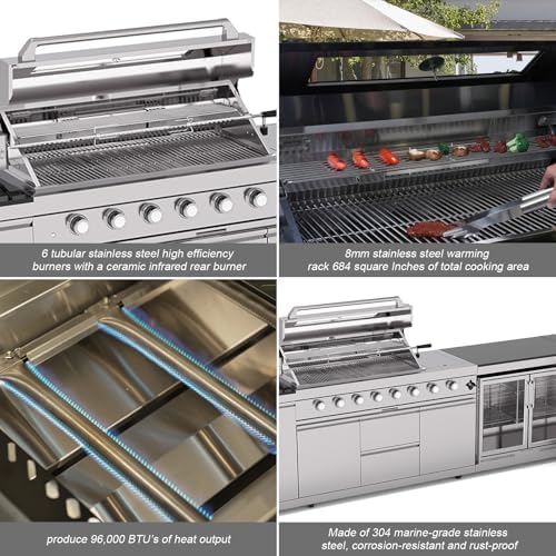 153 Inch Outdoor Kitchen Island, 96000 BTU Propane Gas Grill Combination With Refrigerator and Sink, Drawer Cabinet, Outdoor Stainless Steel Barbecue Bar, BBQ Grill for Patios, Gardens, Parties - Image 3