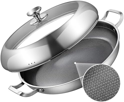DELARLO Paella Pan With Lid 14 Inch Tri-Ply Large Stainless Steel Nonstick Frying Pan,Induction Skillets,Fast Heating Cookware,Indoors Outdoors,paelleras para 12 personas Jumbo Cooker by DELARLOCOOKWARE