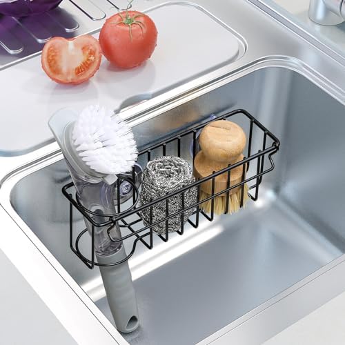 3-In-1 Sponge Holder for Kitchen Sink, 2 Type Suspension Options (Suction Cups & Adhesive Hook), Hanging Sink Caddy Organizer Rack - Sponge, Dish Cloth, Brush, Scrubber, 304 Stainless Steel - Black - Image 7