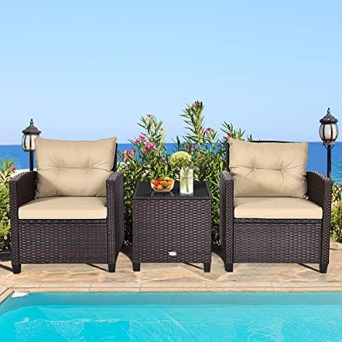 RELAX4LIFE 3 Piece Patio Furniture Set, Wicker Bistro Conversation Set w/ 2 Cushioned Armchairs & Glass Topped Table, Outdoor Rattan Sofa Set Patio Furniture for Porch Balcony Poolside (Beige) - Image 2