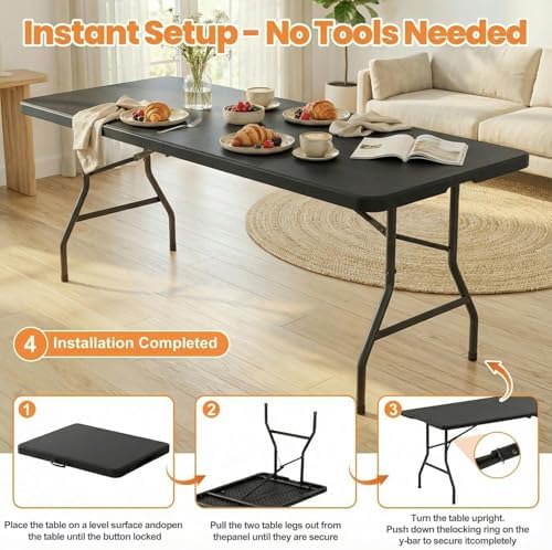 8 FT Folding Table Set with 6 Black Plastic Folding Chairs for 6 - Image 5