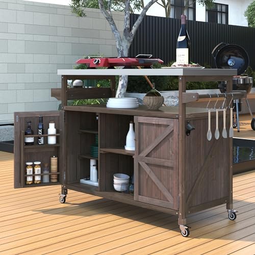 Merax Outdoor Kitchen Island, Rolling Bar Cart & Storage Cabinet, Farmhouse Solid Wood Outdoor Grill Table with Stainless Steel Top, Spice Rack, Towel Rack for Kitchen & Barbecue, Dark Brown by Merax