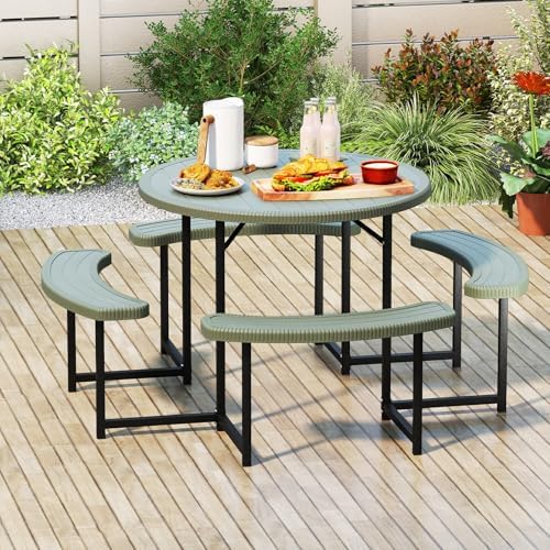 Tangkula 8 Person Round Picnic Table with 4 Benches - Image 2