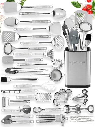 Home Hero 54-Piece Stainless Steel Kitchen Utensils Set - Heat-Resistant Nonstick Silicone & Stainless Steel Cooking Utensils - Complete Tools with Slotted Spoon & Pasta Spoon - Pack of 54, Silver by HomeHero