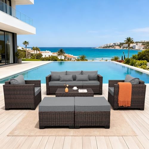 Oasishine Wicker Patio Furniture Set 6 Pieces Outdoor Furniture Chairs and Couch Storage Table Anti-Slip Cushions and Waterproof Covers, Dark Grey by Unknown