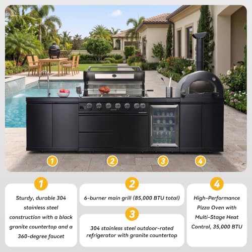 122'' LPG Outdoor Kitchen Island with Grill & Pizza Oven, 6 Burners, Black - Image 6