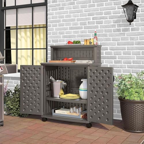 Suncast Patio Plastic Storage and Prep Station with Decorative Wicker Pattern and Multi Wall Panels for Patio, Garden, and Lawn Use, Stoney Gray - Image 5
