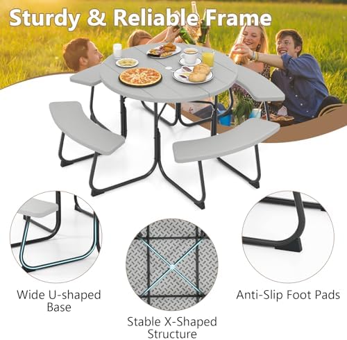 COSTWAY Round Outdoor Picnic Table with Bench Set for 4-8 People (Grey) - Image 7