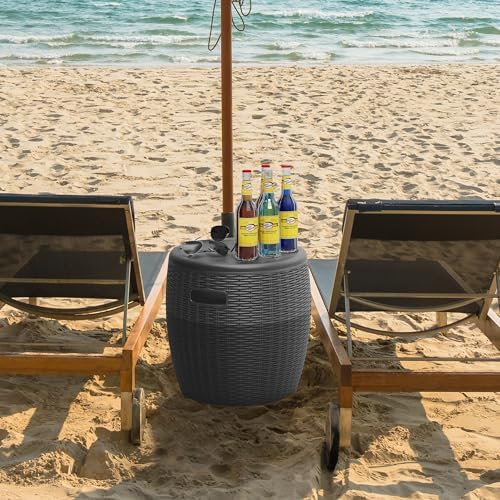 EasyUp 9.5 Gallon Outdoor Cooler Table, Wicker Round Ice Bucket for Parties, Rattan Bar Table with Top Lid Side Handles Drainage Plug, Beer Wine Cooler Side Tables for Patio, Poolside, Deck, Black - Image 2