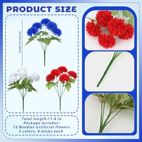 XunYee 12 Pcs Red White Blue Artificial Flowers for Outdoor,Faux Mums - Image 2