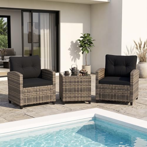 Tangkula 3 Piece Patio Furniture Set, Rattan Conversation Set w/Soft Seat & Back Cushions, Tempered Glass Topped Coffee Table, Cushioned Wicker Seating Set for Backyard, Porch, Poolside - Image 3