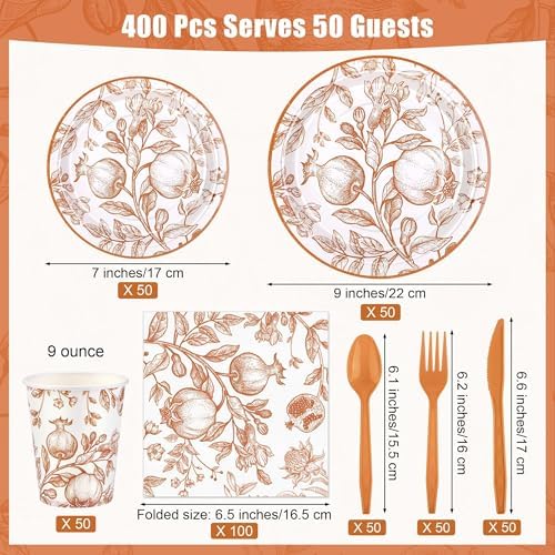 Kochorie 400 Pieces Fall Disposable Pomegranate Paper Plates Thanksgiving Vintage Floral Party Tableware Sets Including Orange Plates Cups Napkins Cutlery Serve 50 for Wedding Baby Shower Party Decor - Image 2
