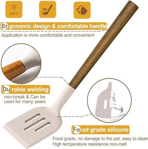 Silicone Cooking Utensil Set,Umite Chef 8-Piece Kitchen Utensils Set with Natural Acacia Wooden Handles, Silicone Kitchen Gadgets and Spatula Set for Nonstick Cookware - Khaki - Image 6