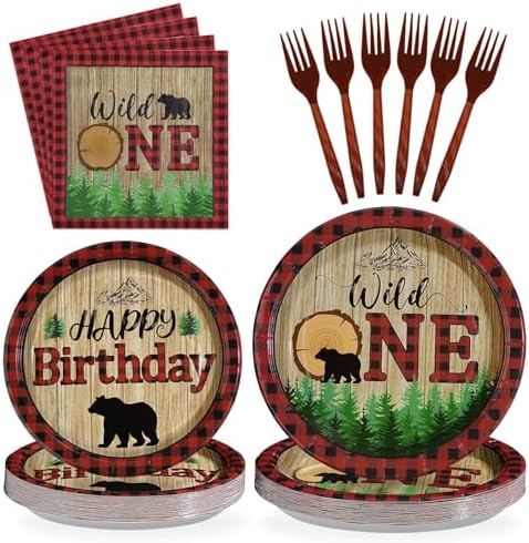 Greencian 96Pcs Lumberjack Wild One Birthday Party Decorations, Serves 24 by Grencian