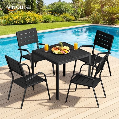 VINGLI Outdoor Patio Dining Set,5 Piece Square Table Patio Furniture Set,HDPE All-Weather Material Outdoor Dining Table and Chair for Garden, Backyard, Poolside,Black by VINGLI