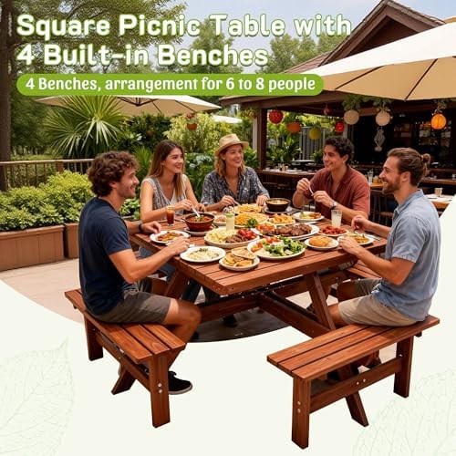 6-8 Person Square Picnic Table with Umbrella Hole Waterproof & Sturdy Cross StructureOutdoor Camping Wooden Dining Tables Set for Backyard Garden Camping Easy Clean,46.1",Brown - Image 4