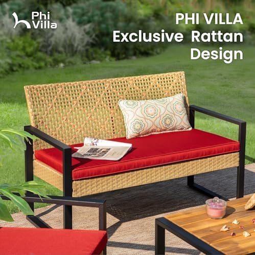 PHI VILLA 4 Piece Yellow Wicker Patio Furniture Set with Red Cushion - Image 4
