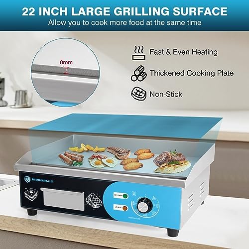 IRONWALLS Commercial Griddle Electric 22”, 3000W Electric Flat Top Grill, Stainless Steel Countertop Electric Griddle Nonstick with 122~572℉Adjustable Temperature Control for Restaurant Kitchen - Image 3