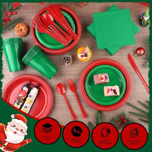 Kochorie 240 Pieces Christmas Plastic Dinnerware Set Disposable Heavy Duty Plates Napkins Cups Silverware Dessert Dinner Plates for Birthday Wedding Party Supplies, Serves 30 Guests, Red and Green - Image 3