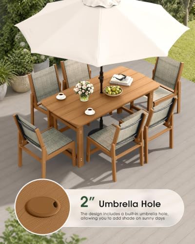 HDPE Outdoor Dining Set, Patio Table and 6 Stackable Armless Chairs, Teak - Image 5