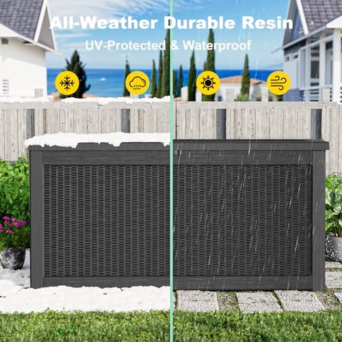ROJIK Outdoor Storage Housing Deck Box,Waterproof Patio Furniture, Garden Tools, Cushions, Pool Accessories Storage Bench with Lockable Lid and Side Handles (Black,320 Gallon) - Image 6
