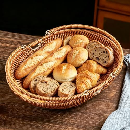 RT&BS Wicker Egg-collecting Basket with Handles, Wicker Bread Basket Oval, Handwoven Fruit Basket with Handles, Reusable Storage Baskets for Living Room, Kitchen, Store, Restaurant, Outdoor (Brown, L) - Image 5