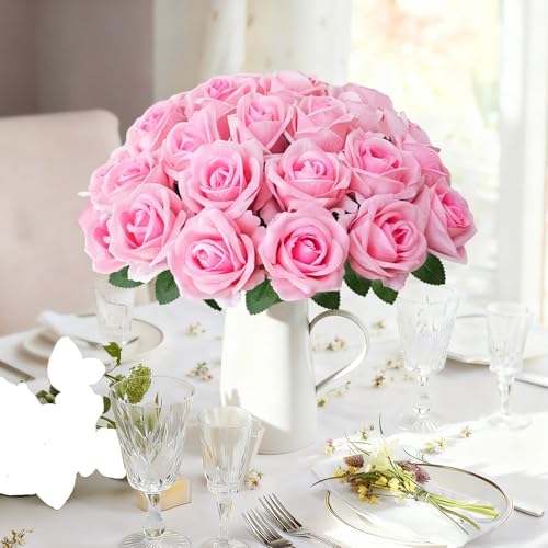 50Pcs Pink Roses Artificial Flowers with Stems，Fake Roses Bouquet Fake Flowers Bulk，Silk Velvet Roses for Wedding Centerpieces Arrangement Baby Shower Birthday Home Decor Gifts - Image 4