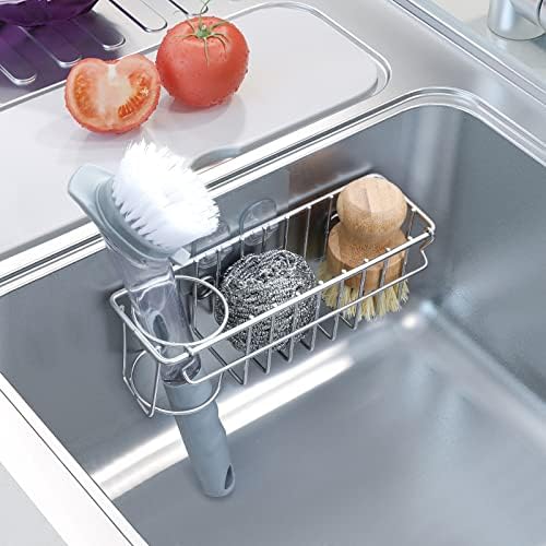 3-In-1 Sponge Holder for Kitchen Sink with Suction Cups & Adhesive Hook , In-sink Sponge Holder, Wall Hanging Sink Caddy Organizer Rack - Sponge, Dish Cloth, Brush, Scrubber - 304 Stainless Steel - Image 5