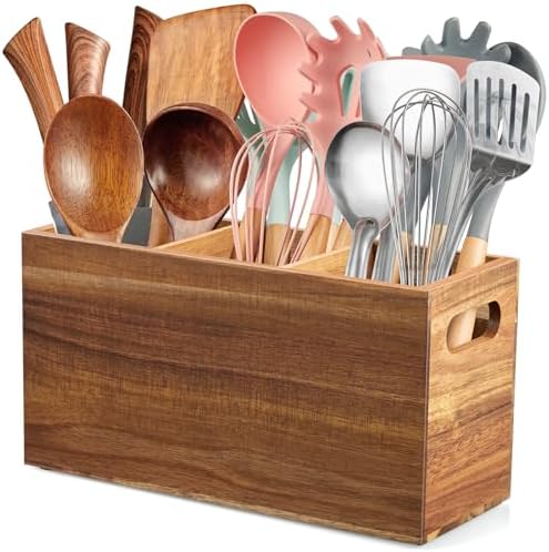 ALELION Acacia Wood Utensil Holder Organizer for Counter - Large Wooden Utensil Caddy for Countertop - 3 Compartment Cooking Tool Holder for Spatula - for Farmhouse Kitchen Decor and Accessories by ALELION
