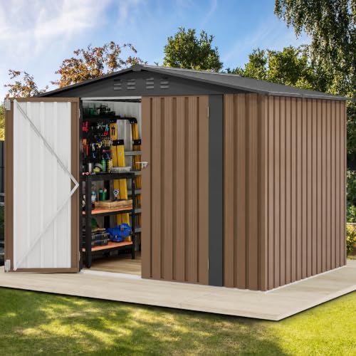 DWVO 7x5FT Outdoor Storage Shelter, Roomy Steel Tool Shed with Secure Entrances & Air Circulation for Patio, Lawn, and Backyard, Ideal for Storing Garden Gear, Lawn Tools, and Bikes, Brown by DWVO