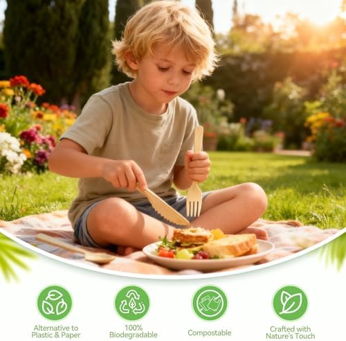 Bamboo Cutlery Set - Wooden Utensils for Eating - Disposable Wooden Cutlery set of 9 (3 Forks 3 Spoons 3 Knives) Bamboo Disposable Utensils - ECO Friendly Compostable Utensil for Party - Image 3