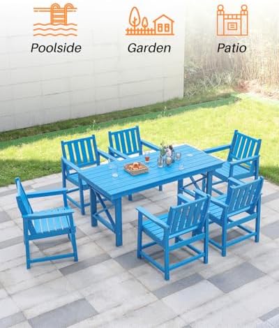 HDPE Patio Dining Set, 5-Piece Outdoor Table and Chairs with Umbrella Hole, Modern Outdoor Dining Set for 4, HDPE Outdoor Patio Furniture Dining Sets for Deck, Poolside, Porch, Sky Blue - Image 5