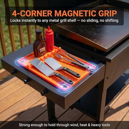 Magnetic Silicone Side Shelf Mat for Blackstone Griddle - 4 Corner Magnets, Extra Thick, Linear Drip Channels, 446°F Heat Resistant, 16"x11.5", Fits Weber Traeger Pit Boss (Orange 2-Pack) - Image 2