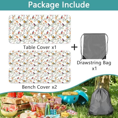 Bird Branch Picnic Table Cover with Bench Covers and Bag, Camping Essentials, Spring Summer Floral Waterproof Windproof, Fitted Tablecloth Cover with Elastic Edge for Outdoor Garden 3 PCS 30x72 Inch - Image 7