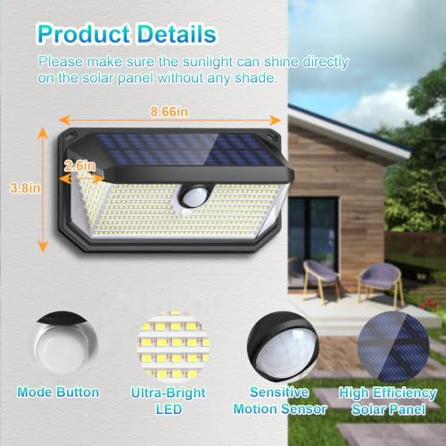 Brightever Solar Outdoor Lights, 4000LM 388 LEDs Motion Sensor Solar Powered Outdoor Light, IP65 Waterproof Exterior Flood Security Lights with 270° Wide Angle & 3 Modes for Patio Garage, 2-Pack - Image 6