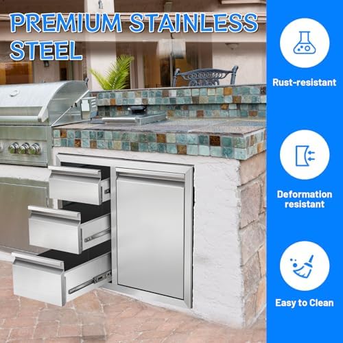 Outdoor Kitchen Drawer Combo, Stainless Steel Triple Drawer Cabinet with Built-in Trash Bin Drawer & Two Trash Cans, 28" W x 22" H x 19.5" D Outdoor Kitchen Storage for BBQ Grill Islands - Image 3