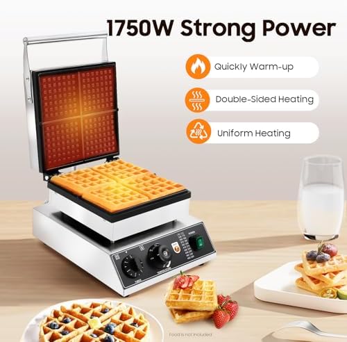 4-Slice Commercial Waffle Maker, 1750W Electric Honeycomb-Shaped Waffle Machine, Stainless Steel Waffle Iron Baker with Non-Stick Coating, 122-572℉ Temperature Adjustable - Image 4