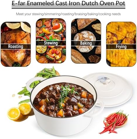 E-far 7QT Enameled Dutch Oven, Cast Iron Dutch Oven Pot with Lid for Cooking/Bread Baking/Braising/Roasting/Stewing, Heavy Duty Round Nonstick Cookware Safe for Induction & Oven - White - Image 3