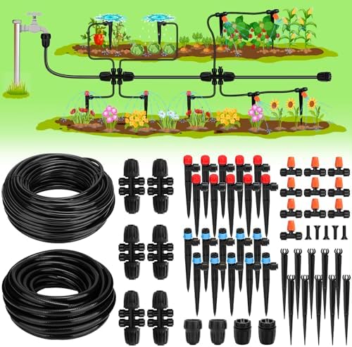 Drip Irrigation System, 40FT 1/2" Mainline & 100FT 1/4" Tubing, with Adjustable Drip Emitters Misting Sprinkler, Efficient Sprinkler System Kit for Flower Bed, Raised Bed, Greenhouse, Lawn by Landtouch