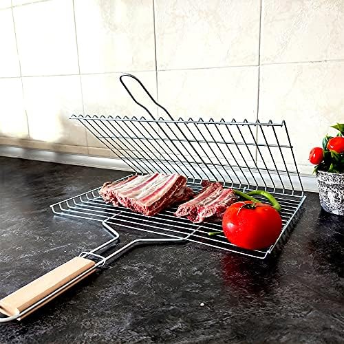 Hakan Grill Basket 11.8 x 15.8-inch for Outdoor Grill, Barbecue Basket for Fish, Steak, Chicken, Vegetables, Shish Kabob and Shrimp, Large Lockable Basket with Wooden Handle, Stainless Steel, BBQ - Image 4