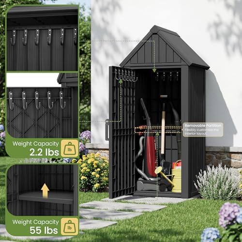 Fancyango Outdoor Resin Storage Cabinet Sturdy All-Weather Shed with Removable Shelves Lock Ring & Reinforced Floor – for Garden Patio Lawn (Black) - Image 2