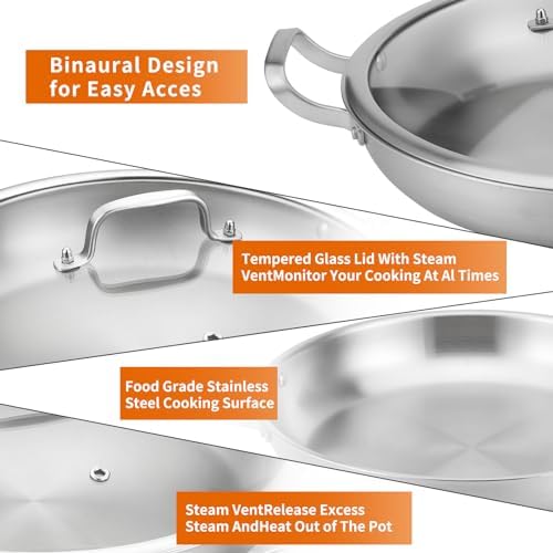 Yeksum Tri-Ply Stainless Steel Paella Pan Large Saute Pan with Lid (Stainless Steel, 13.5 INCH) - Image 6
